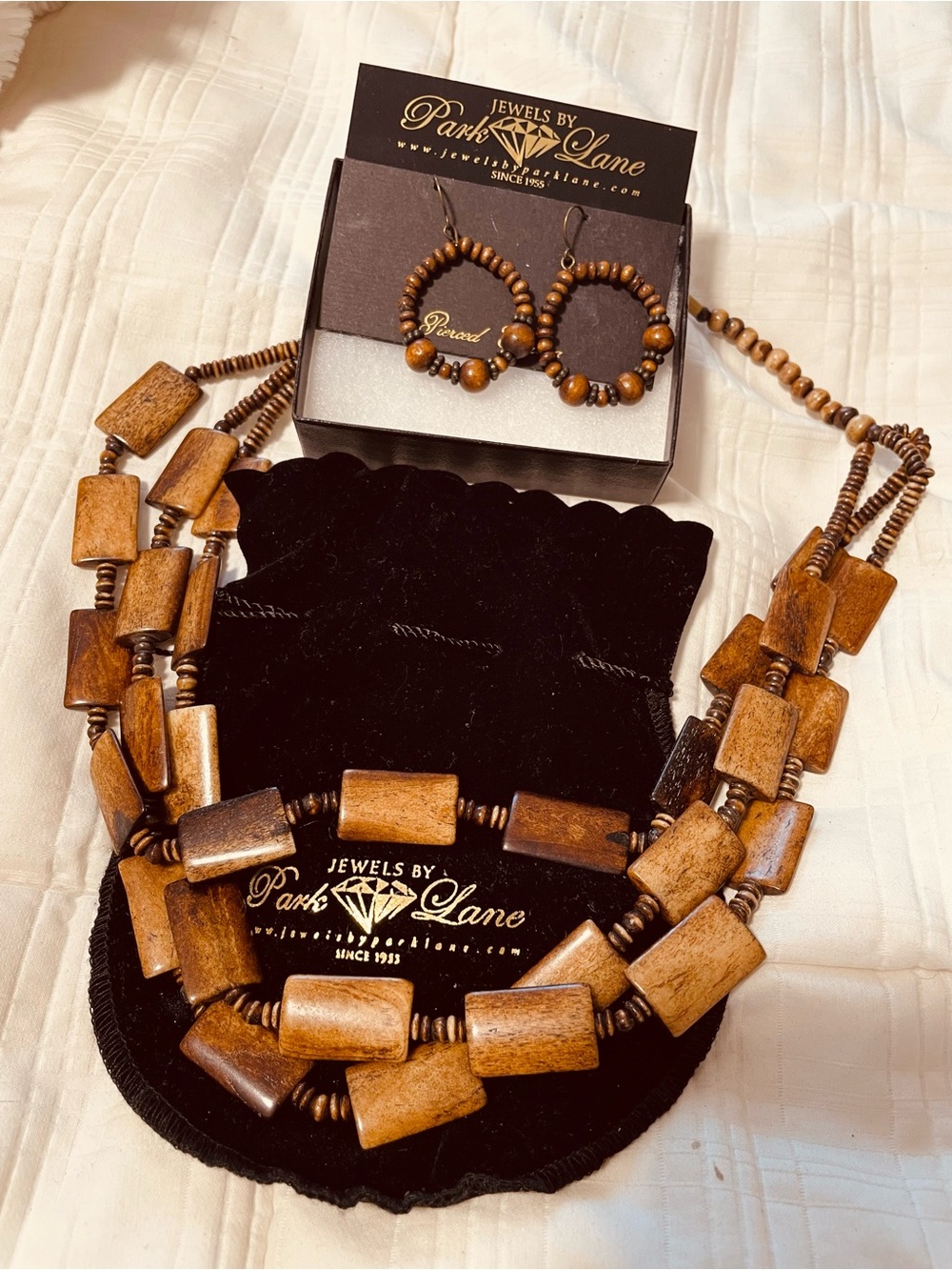 Park Lane Brown Multi-Strand Wooden Bead Necklace with Hoop Earrings